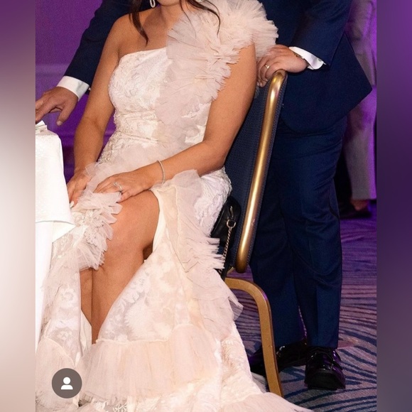 Mac Duggal One Shoulder Ruffle High Low Tulle Gown - Picture 4 of 4